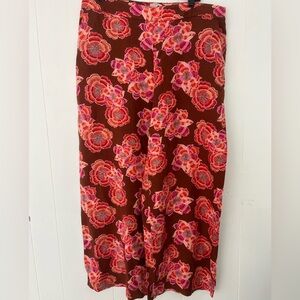 LOFT Fluid Pull On Wide Leg Pants in Textured Floral Linen Blend Size XL